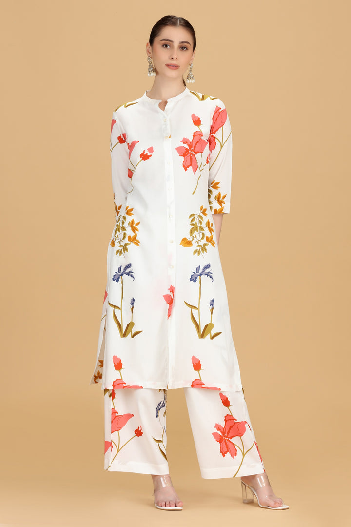 White Rayon A Line Printed Kurta Pant Co ord Set