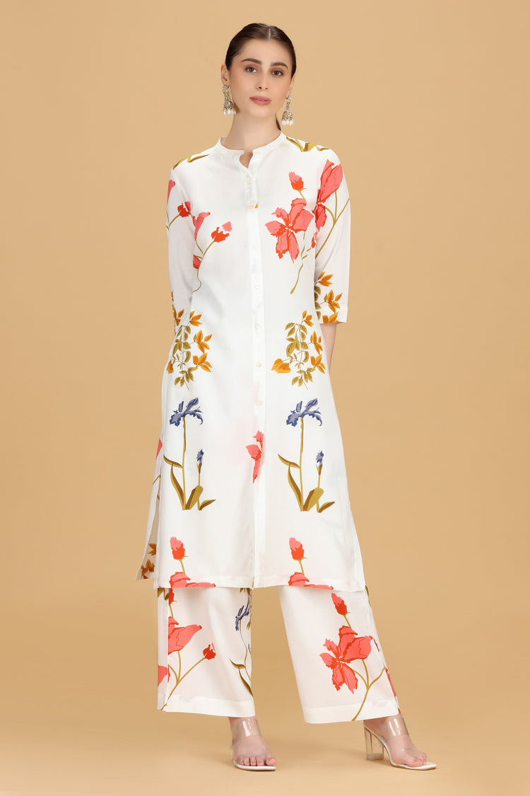 White Rayon A Line Printed Kurta Pant Co ord Set