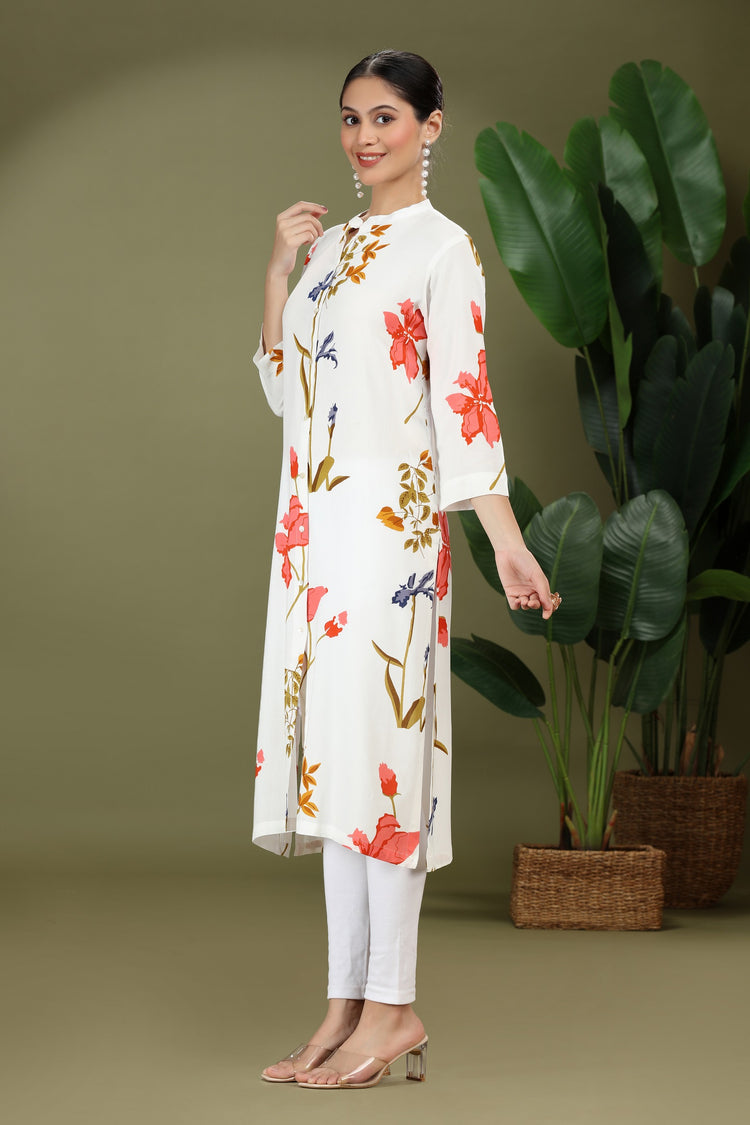 White Rayon Printed Straight Kurta for women