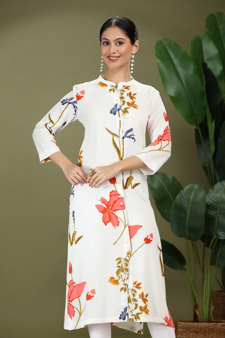White Rayon Printed Straight Kurta for women