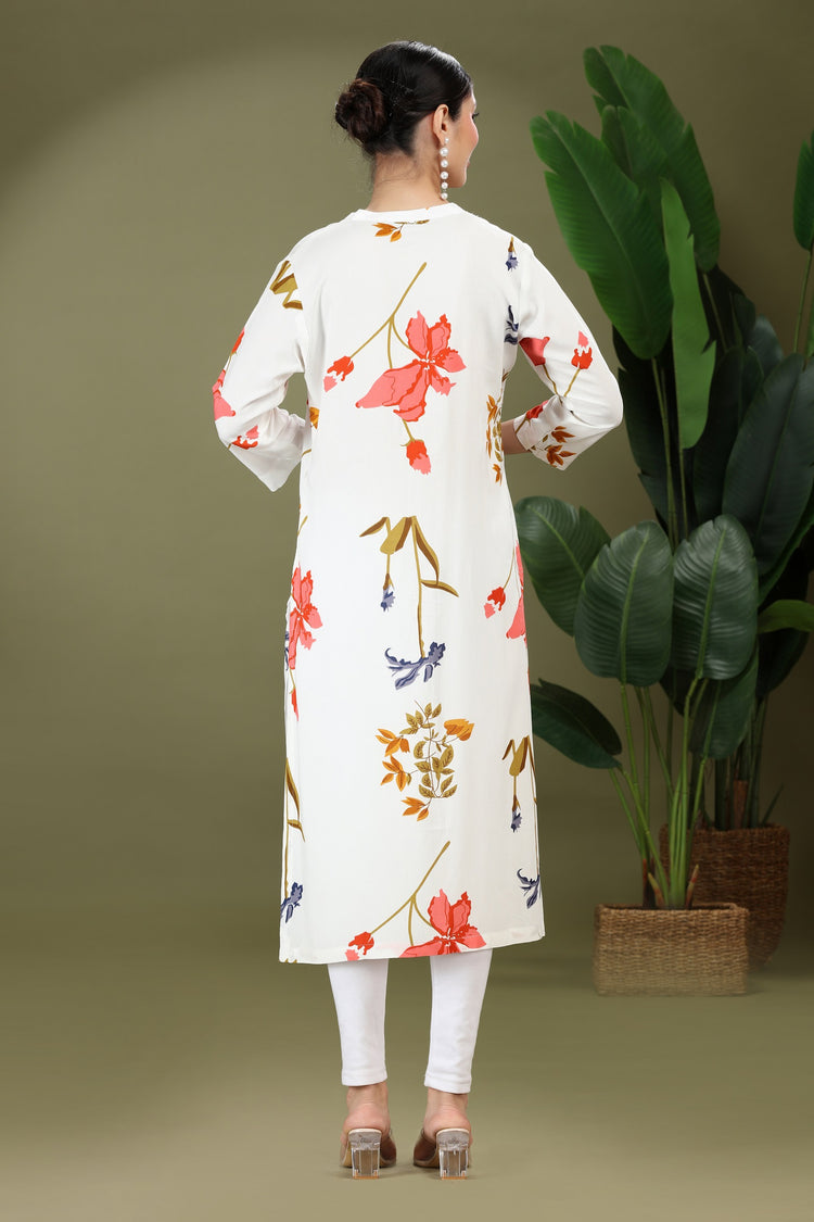 White Rayon Printed Straight Kurta for women