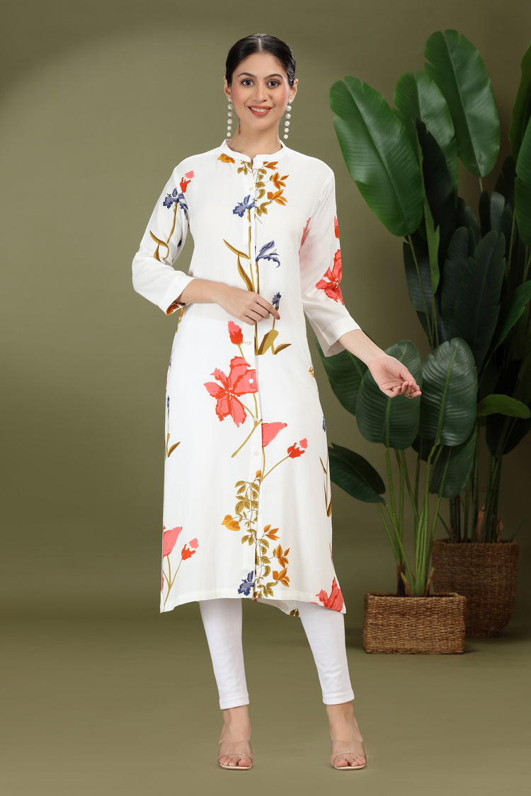 White Rayon Printed Straight Kurta for women