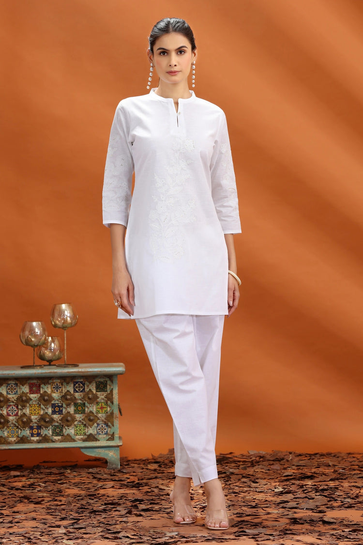 White Slub Cotton Straight Embroidered Kurta and Pant Set for women and girls