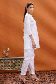 White Slub Cotton Straight Embroidered Kurta and Pant Set for women and girls