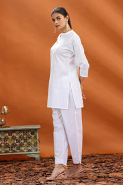 White Slub Cotton Straight Embroidered Kurta and Pant Set for women and girls