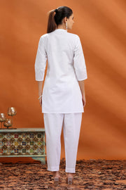 White Slub Cotton Straight Embroidered Kurta and Pant Set for women and girls