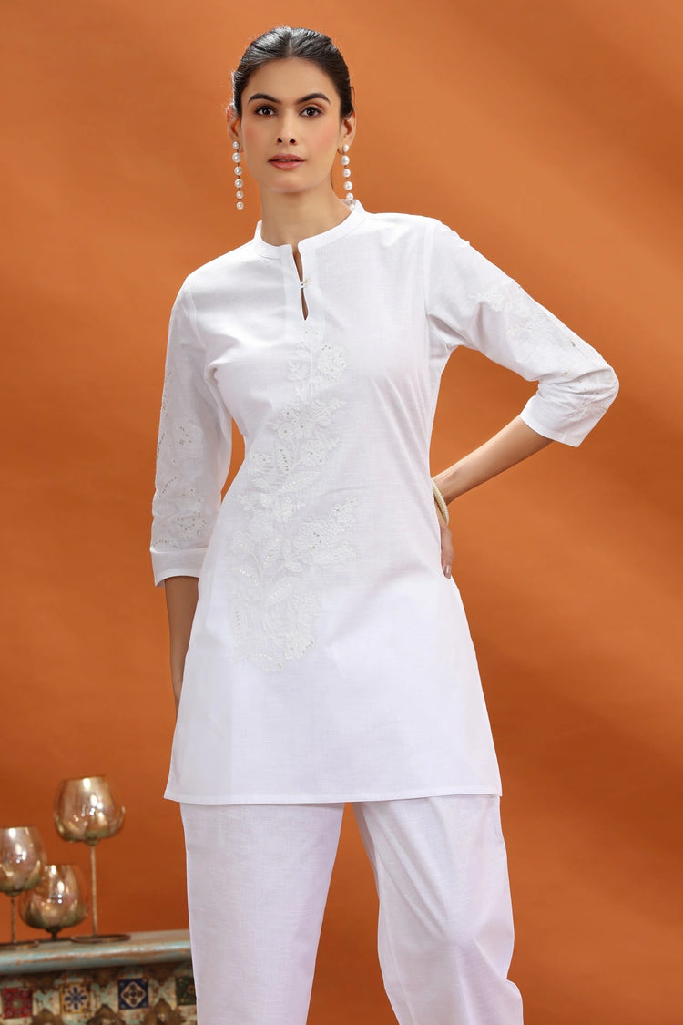White Slub Cotton Straight Embroidered Kurta and Pant Set for women and girls