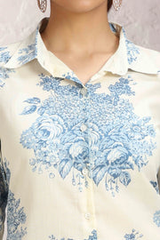 White & Blue Cotton Straight Printed Kurta and Pant Set for women and girls