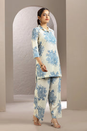 White & Blue Cotton Straight Printed Kurta and Pant Set for women and girls