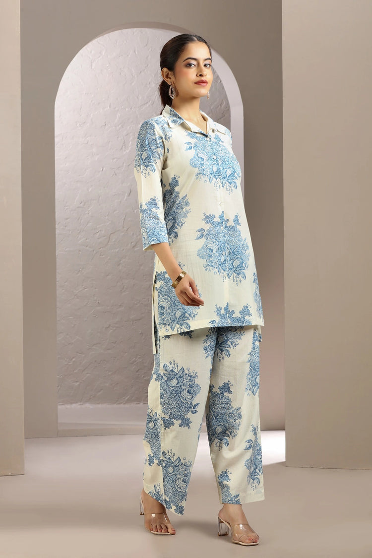 White & Blue Cotton Straight Printed Kurta and Pant Set for women and girls