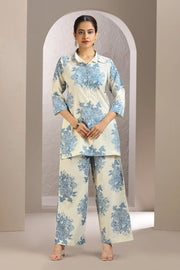 White & Blue Cotton Straight Printed Kurta and Pant Set for women and girls