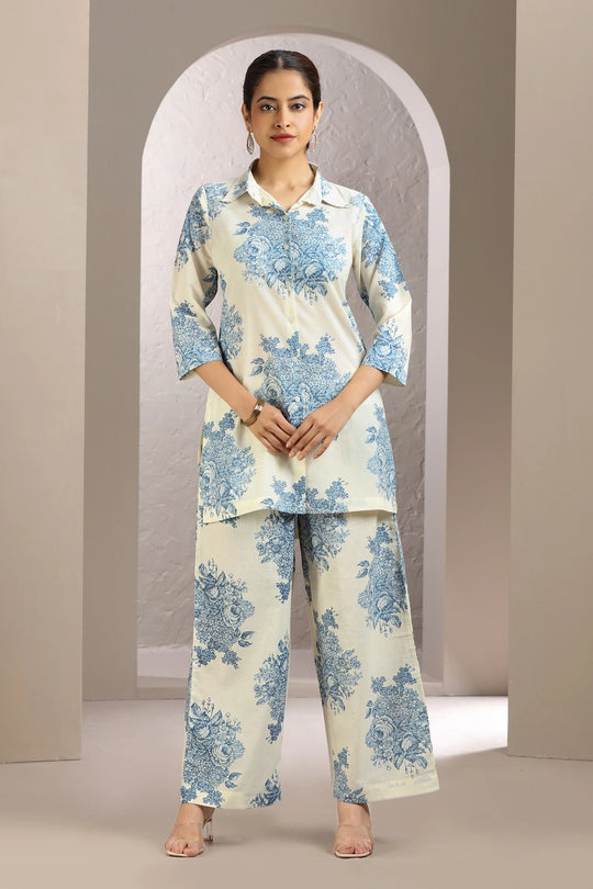 White & Blue Cotton Straight Printed Kurta and Pant Set for women and girls