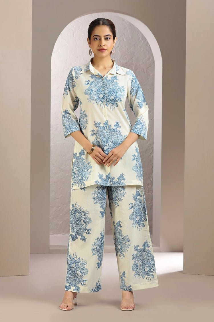 White & Blue Cotton Straight Printed Kurta and Pant Set for women and girls