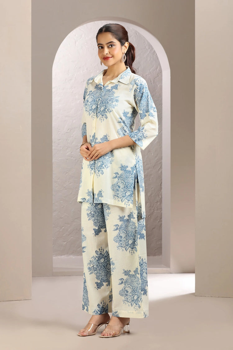 White & Blue Cotton Straight Printed Kurta and Pant Set for women and girls