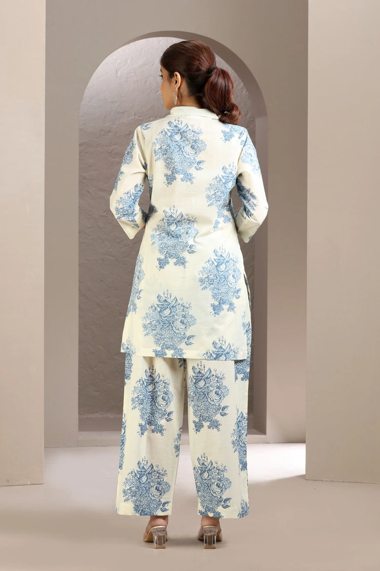 White & Blue Cotton Straight Printed Kurta and Pant Set for women and girls