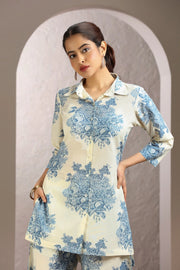 White & Blue Cotton Straight Printed Kurta and Pant Set for women and girls