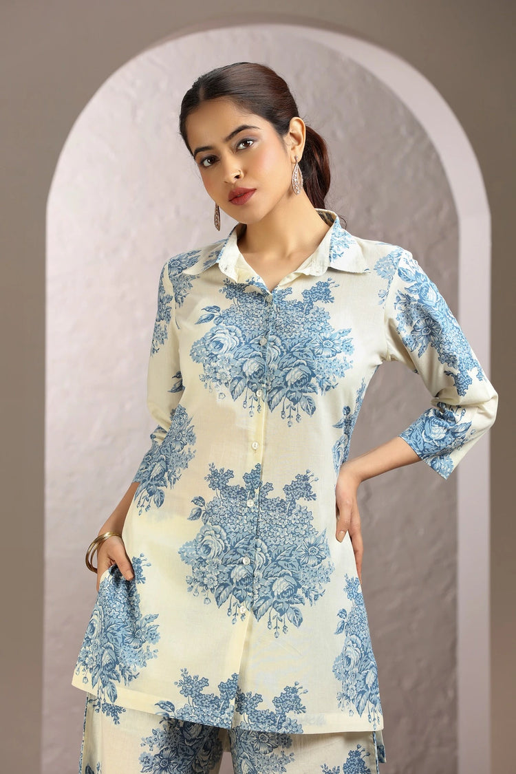 White & Blue Cotton Straight Printed Kurta and Pant Set for women and girls