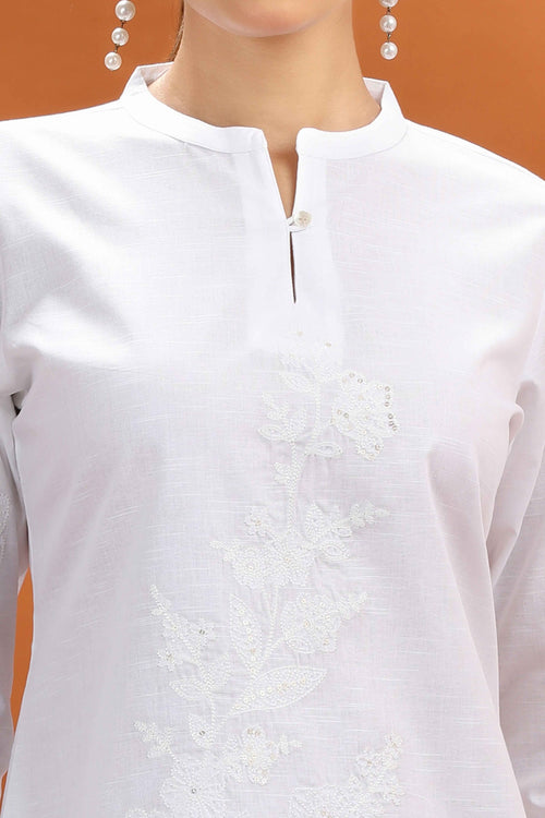 White Slub Cotton Straight Embroidered Kurta and Pant Set for women and girls
