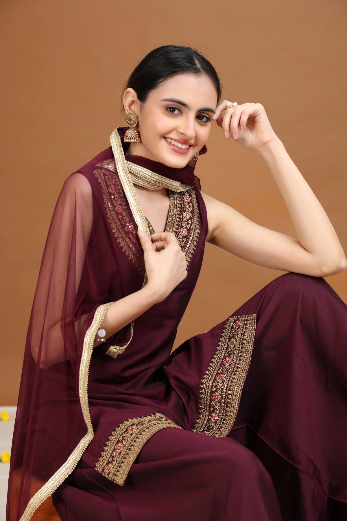 Wine Embroidered Straight Ethnic Set