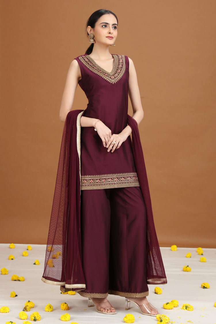 Wine Embroidered Straight Ethnic Set
