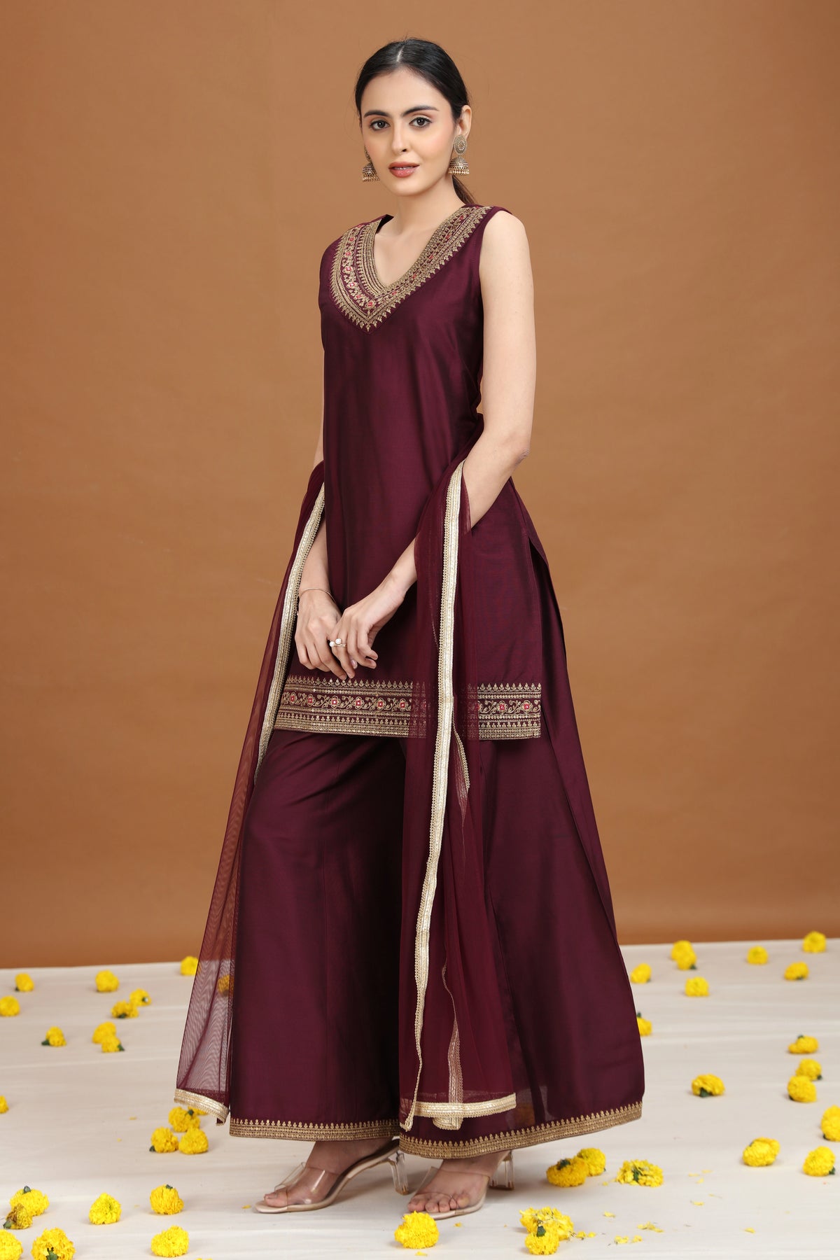 Wine Embroidered Straight Ethnic Set