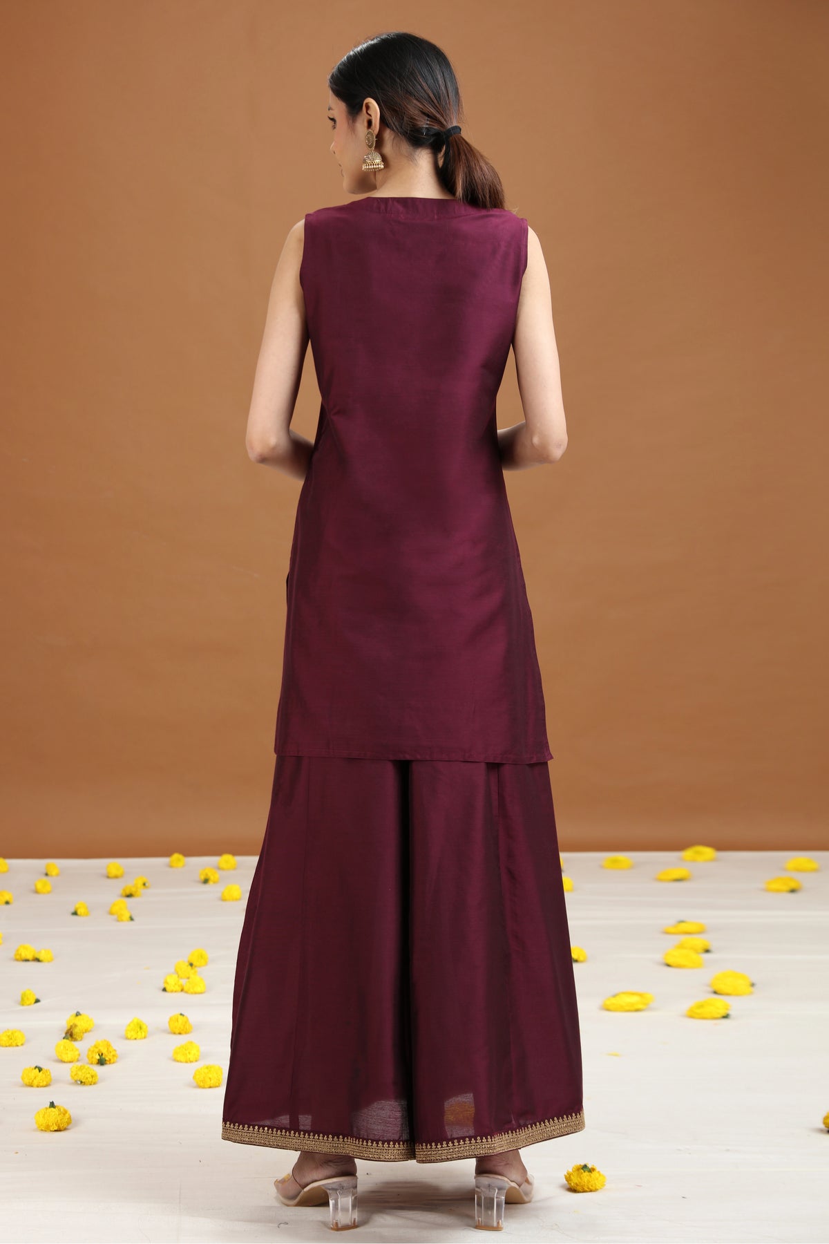 Wine Embroidered Straight Ethnic Set