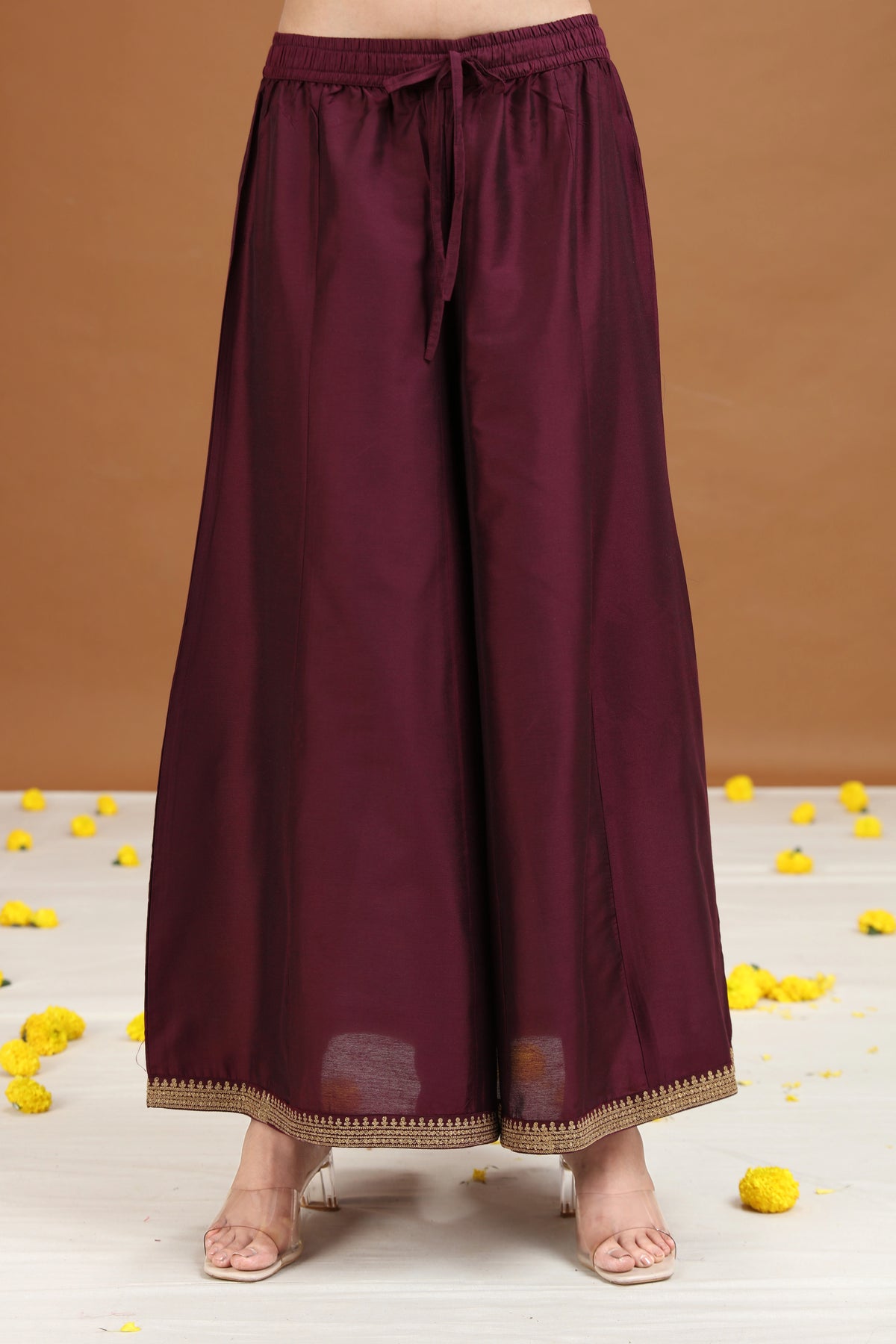 Wine Embroidered Straight Ethnic Set