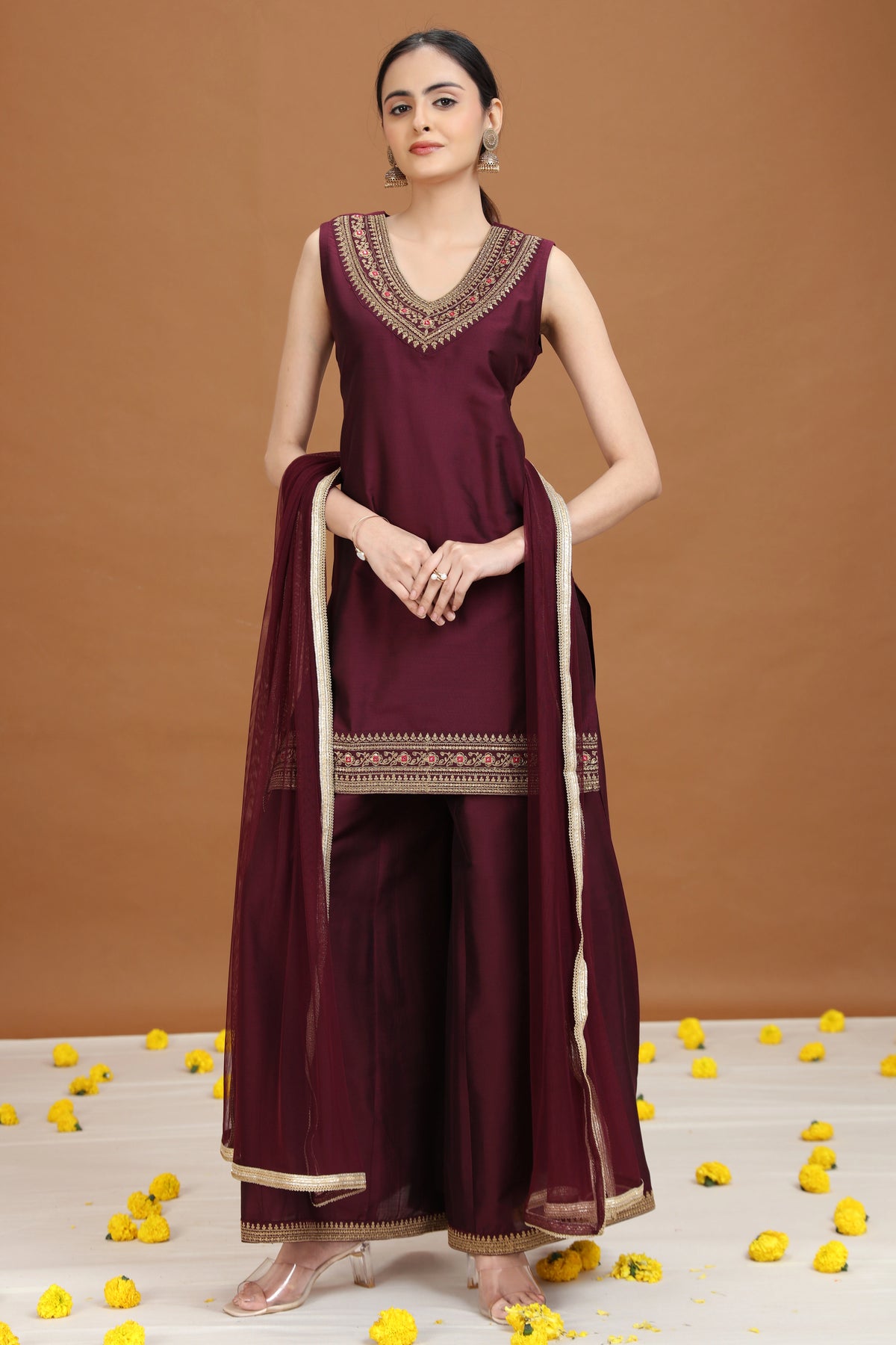 Wine Embroidered Straight Ethnic Set