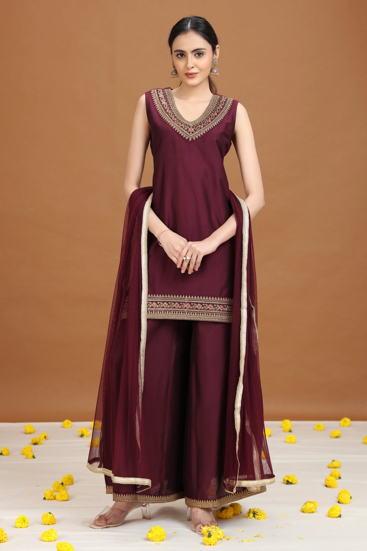 Wine Embroidered Straight Ethnic Set