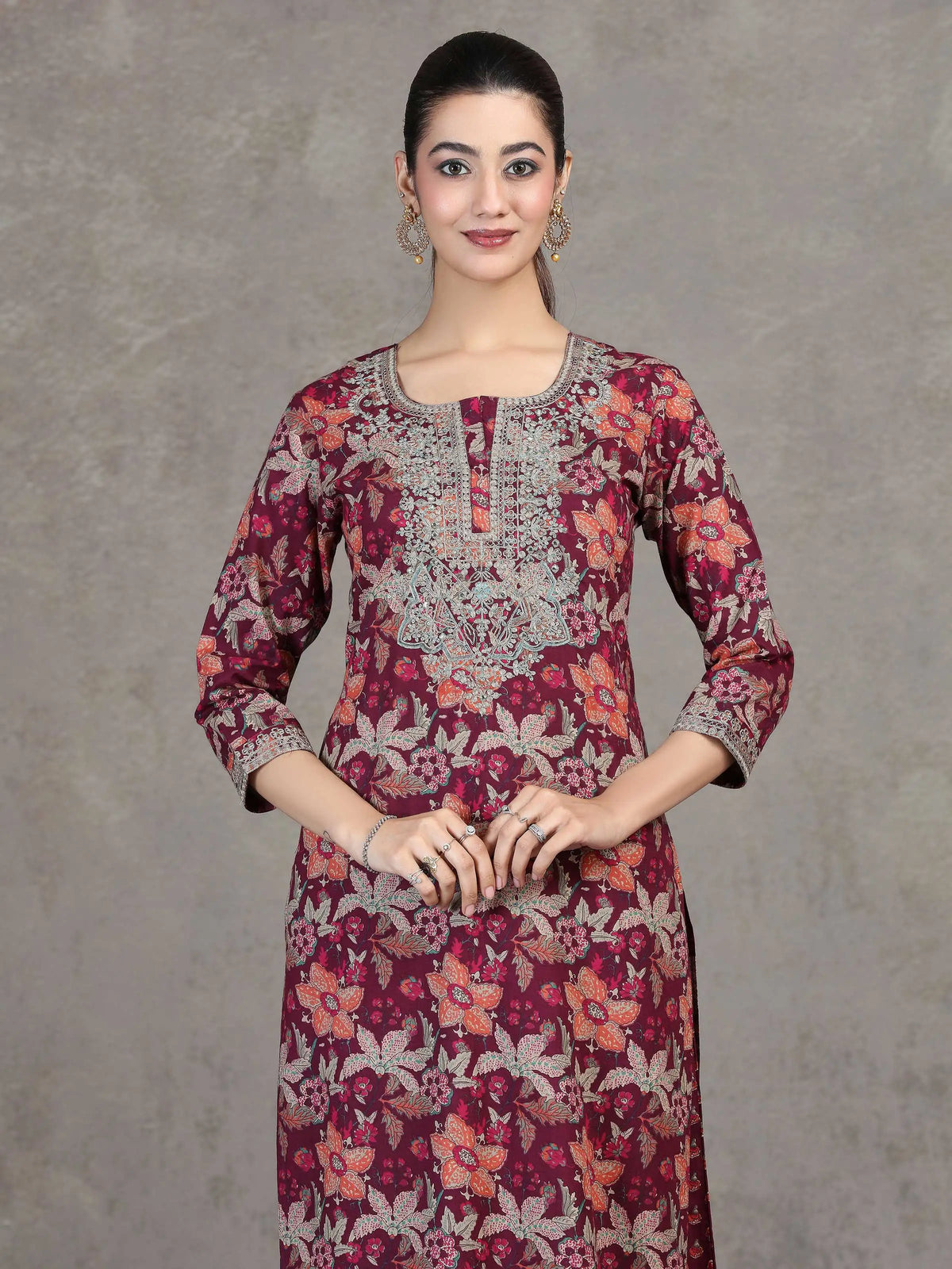 Wine Floral Embroidered Cotton Straight Co-ord Set