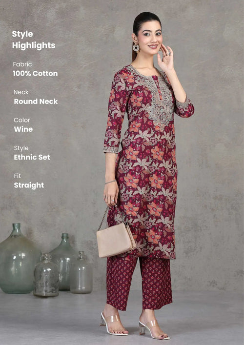 Wine Floral Embroidered Cotton Straight Co-ord Set