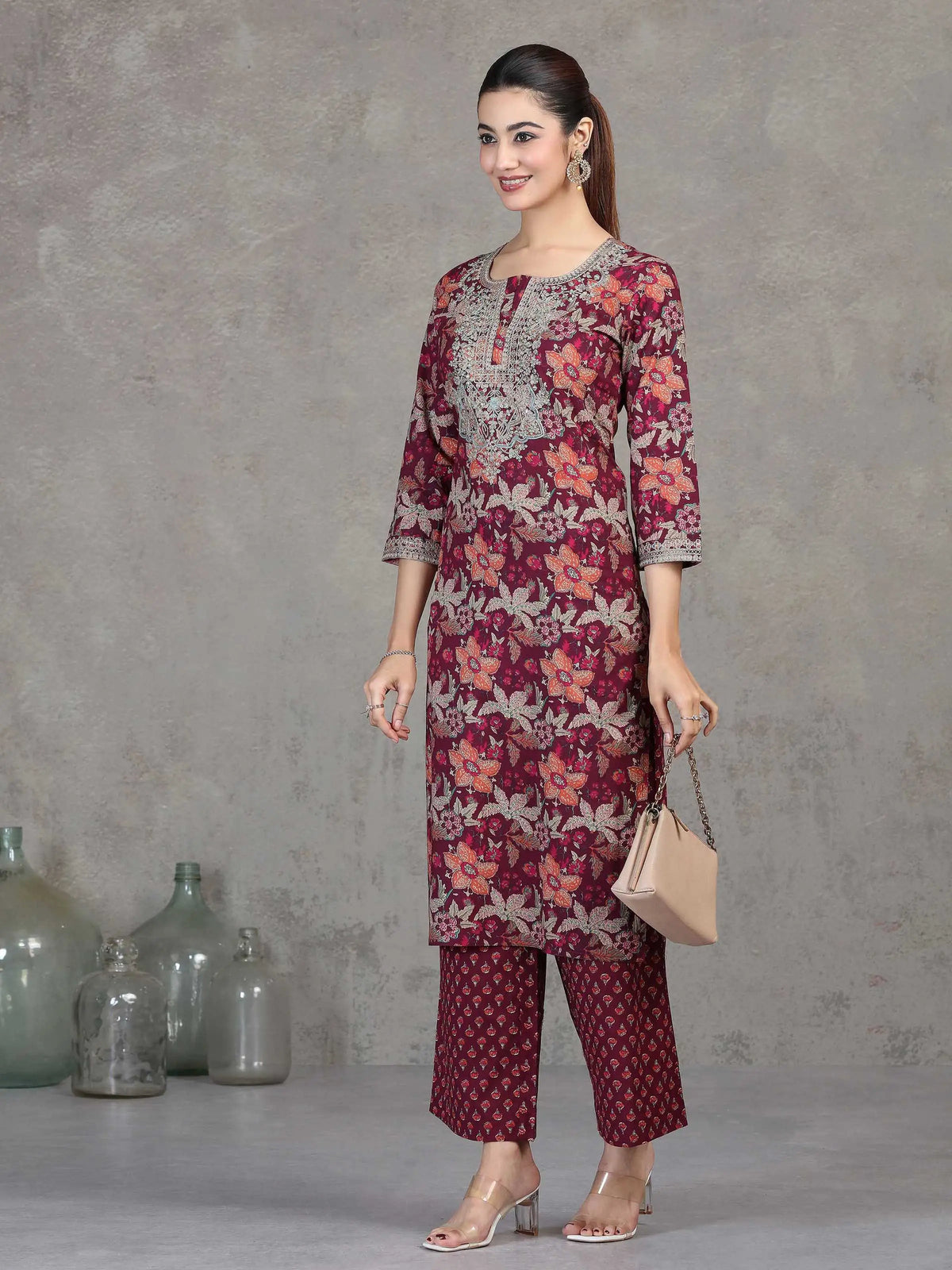 Wine Floral Embroidered Cotton Straight Co-ord Set