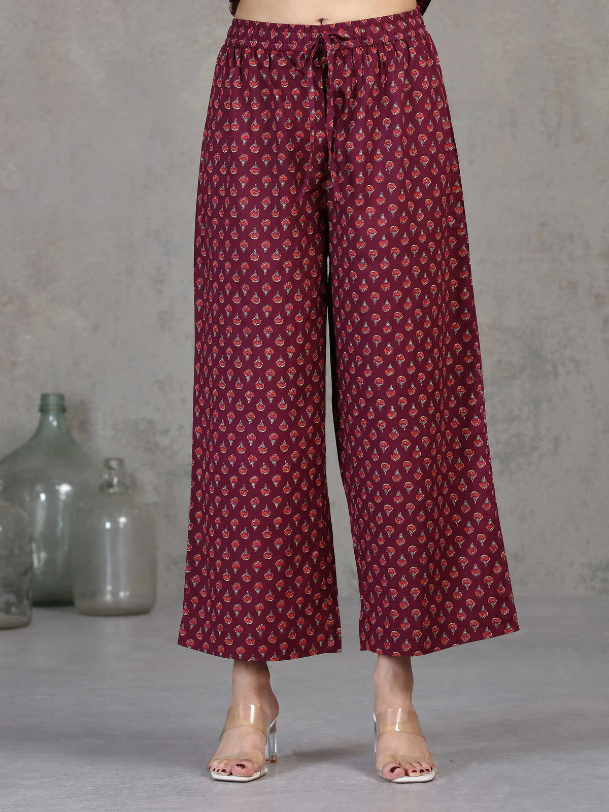 Wine Floral Embroidered Cotton Straight Co-ord Set