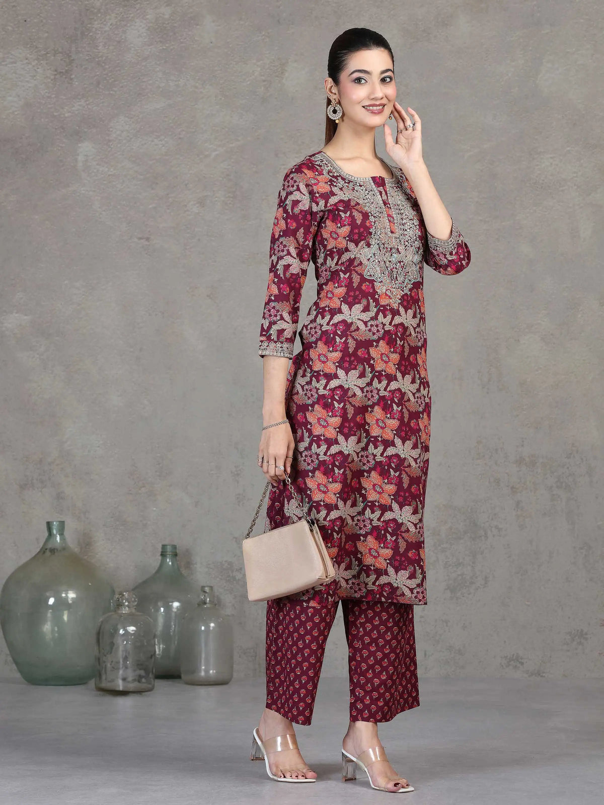 Wine Floral Embroidered Cotton Straight Co-ord Set