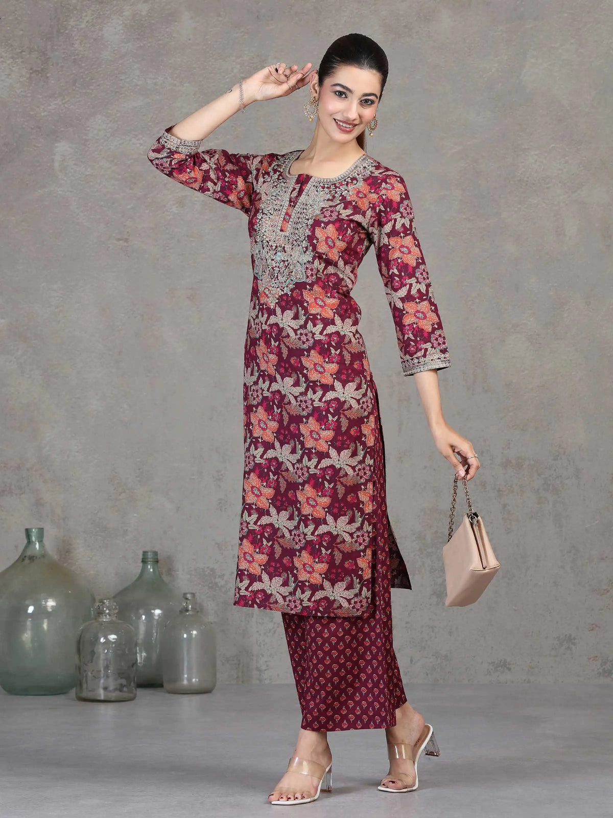 Wine Floral Embroidered Cotton Straight Co-ord Set