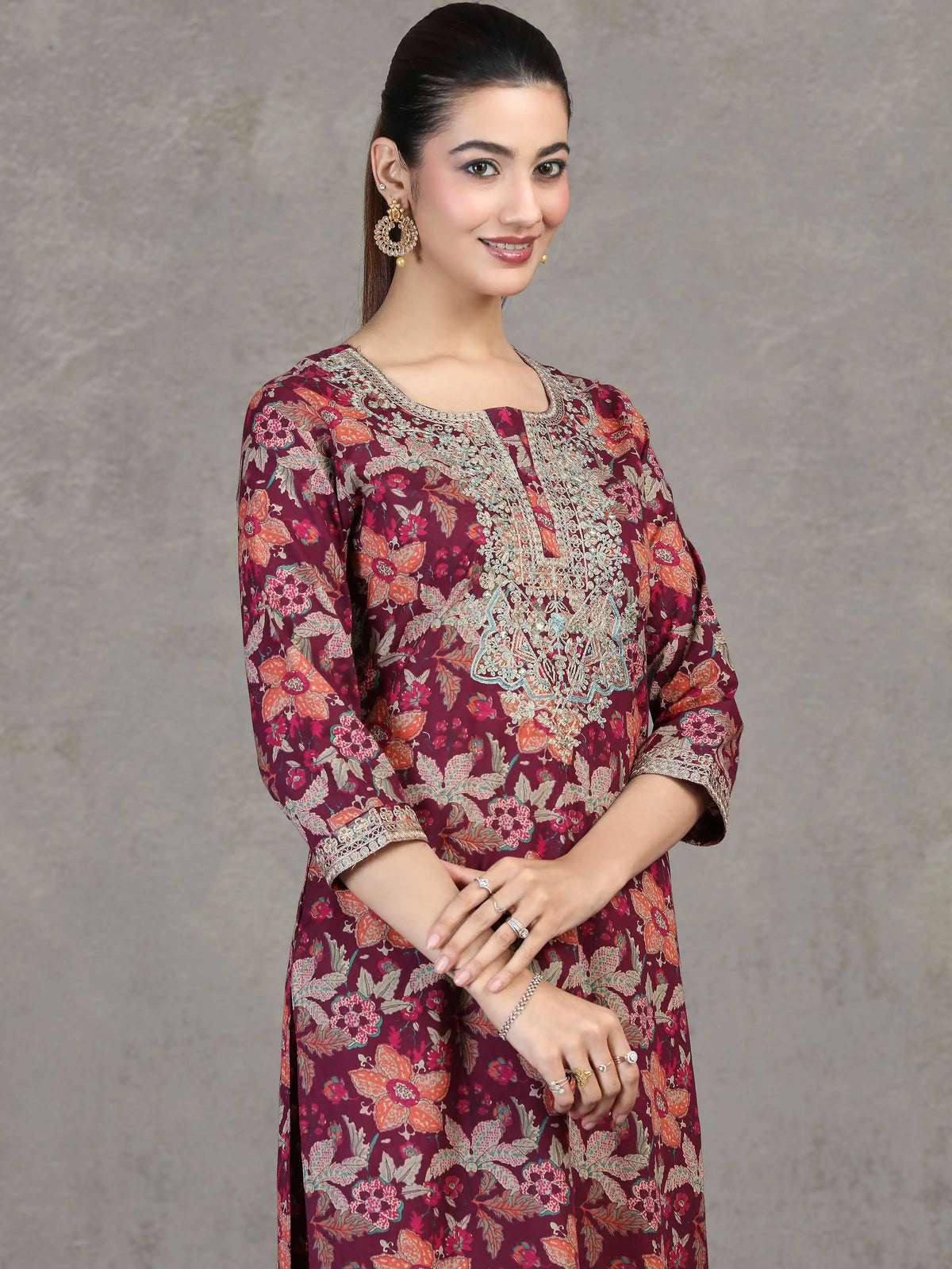 Wine Floral Embroidered Cotton Straight Co-ord Set