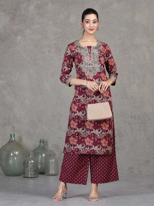 Wine Floral Embroidered Cotton Straight Co-ord Set
