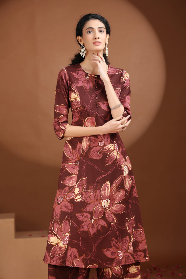Wine Floral Printed Cotton A Line Co-ord Set