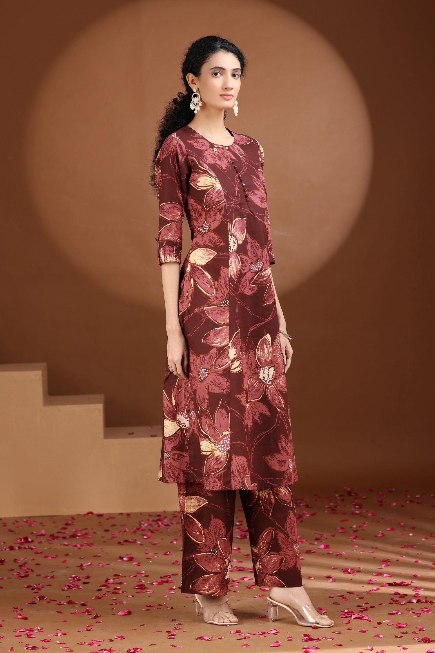 Wine Floral Printed Cotton A Line Co-ord Set