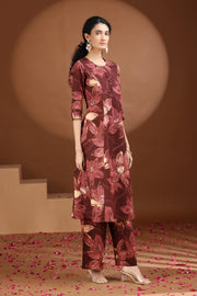 Wine Floral Printed Cotton A Line Co-ord Set
