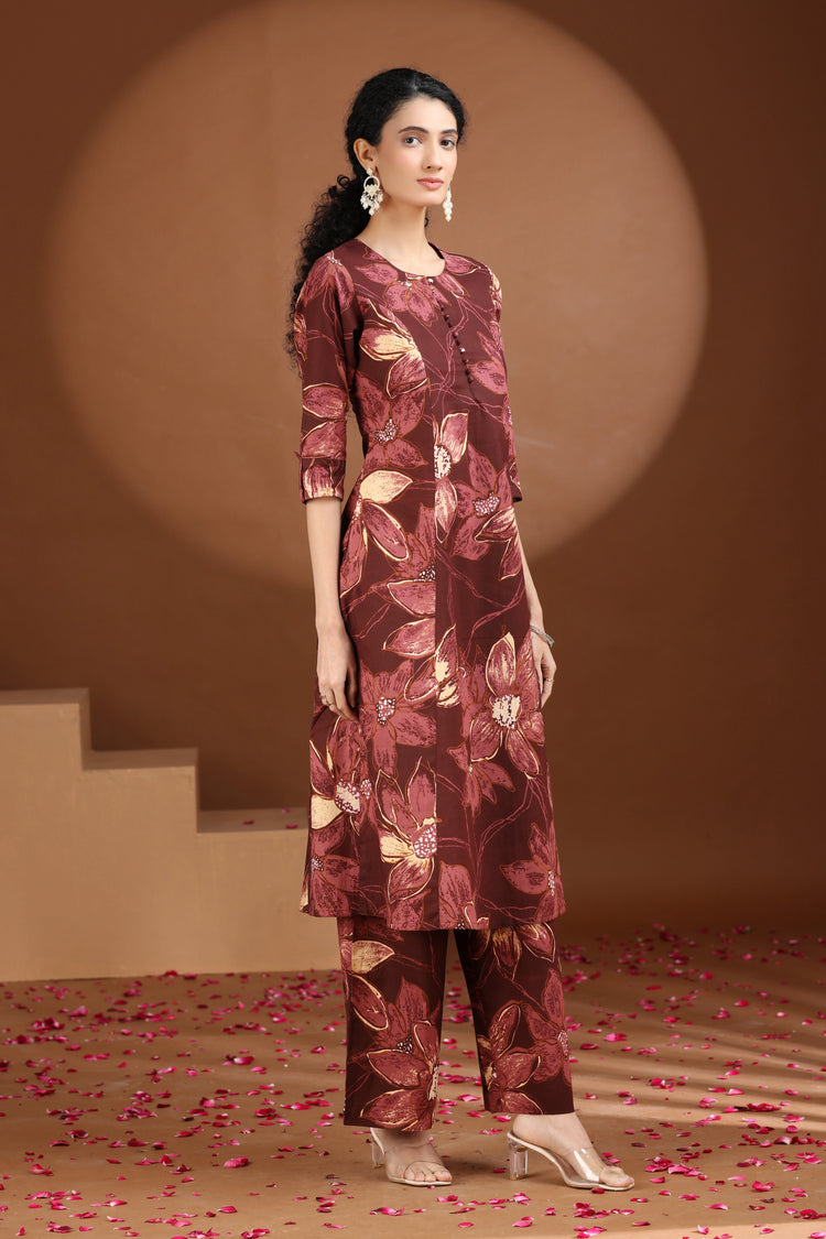Wine Floral Printed Cotton A Line Co-ord Set