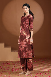 Wine Floral Printed Cotton A Line Co-ord Set