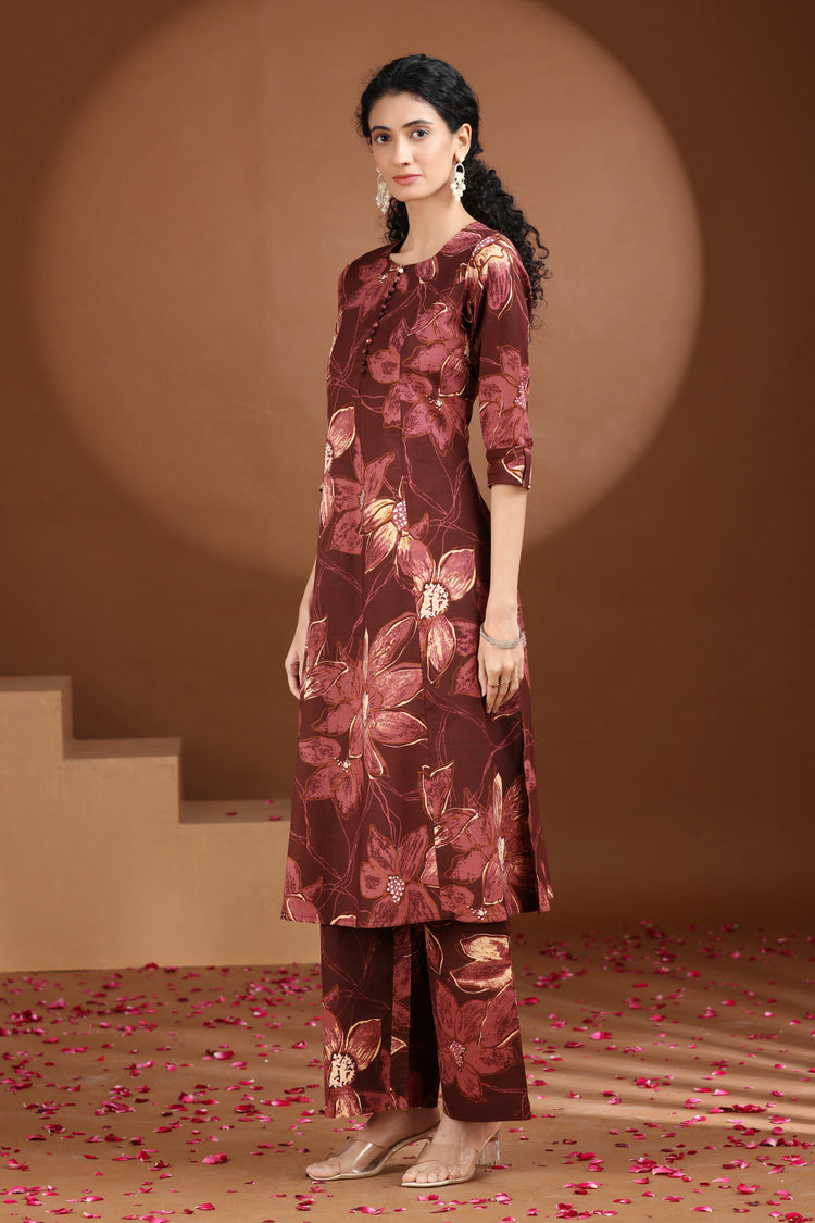Wine Floral Printed Cotton A Line Co-ord Set