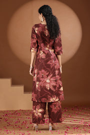 Wine Floral Printed Cotton A Line Co-ord Set
