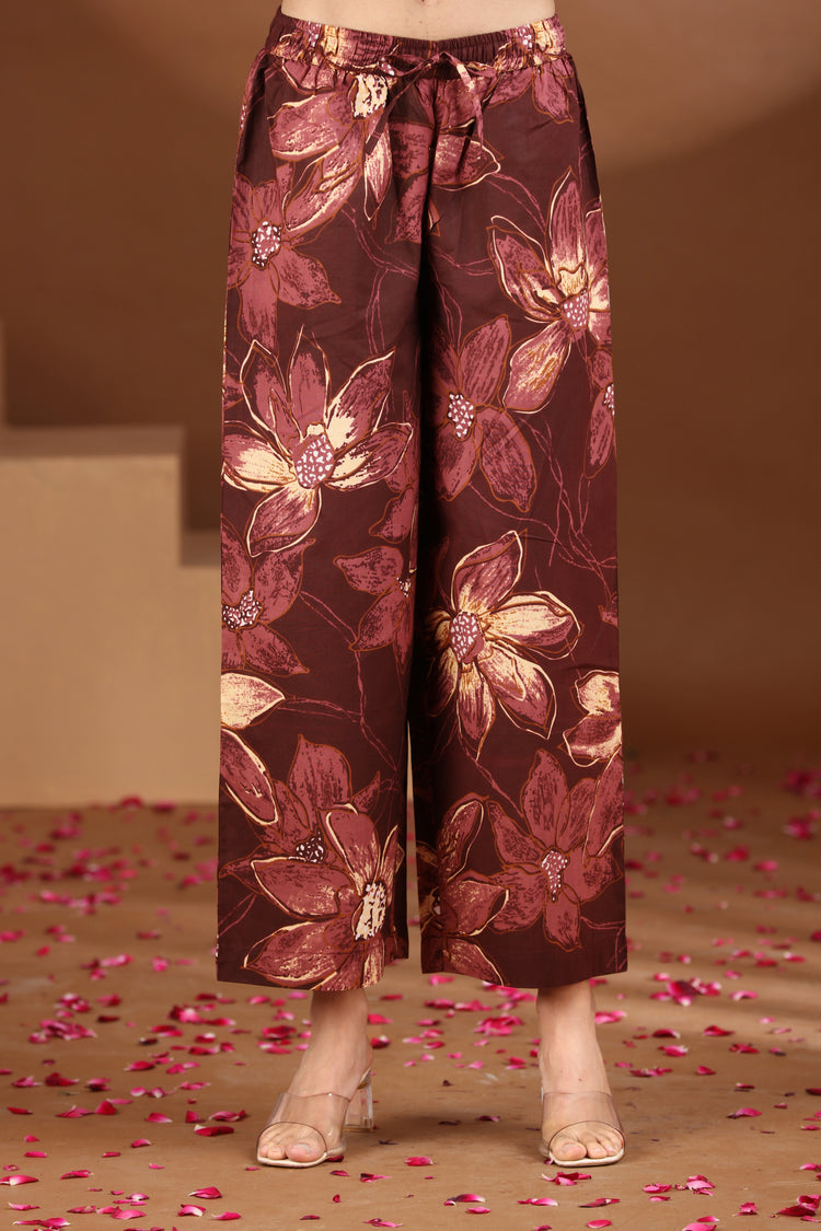Wine Floral Printed Cotton A Line Co-ord Set