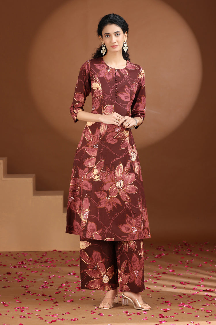 Wine Floral Printed Cotton A Line Co-ord Set