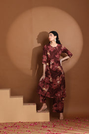 Wine Floral Printed Cotton A Line Co-ord Set