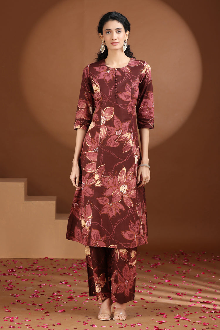 Wine Floral Printed Cotton A Line Co-ord Set