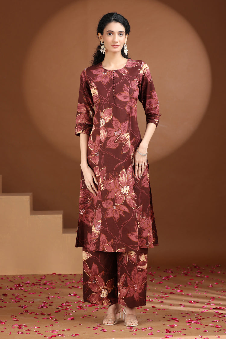 Wine Floral Printed Cotton A Line Co-ord Set