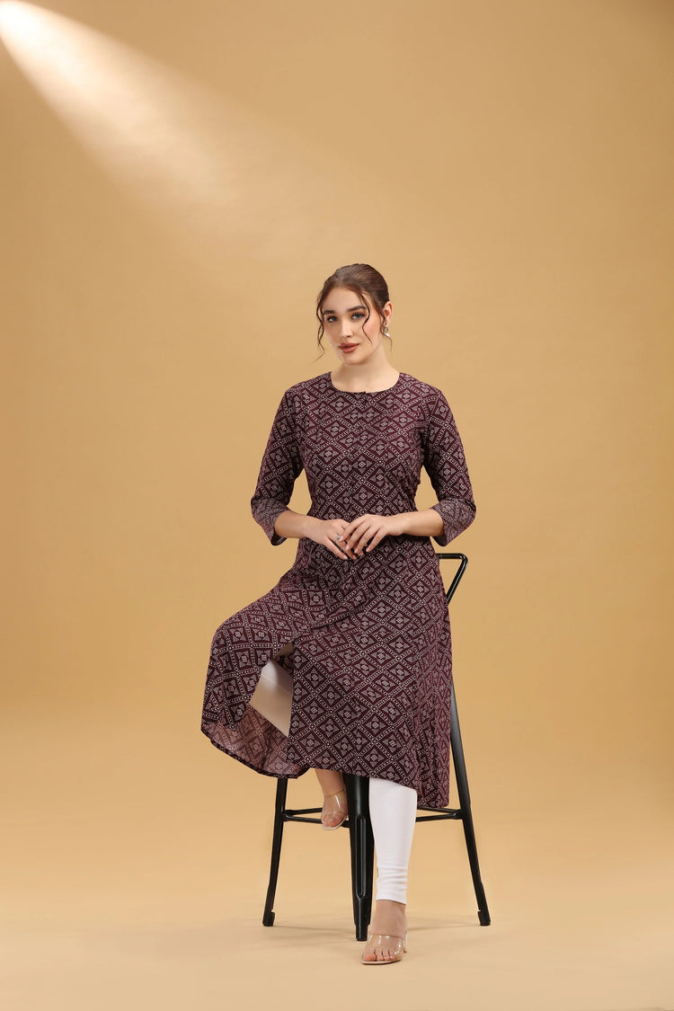 Wine Printed Rayon A Line Kurta for women